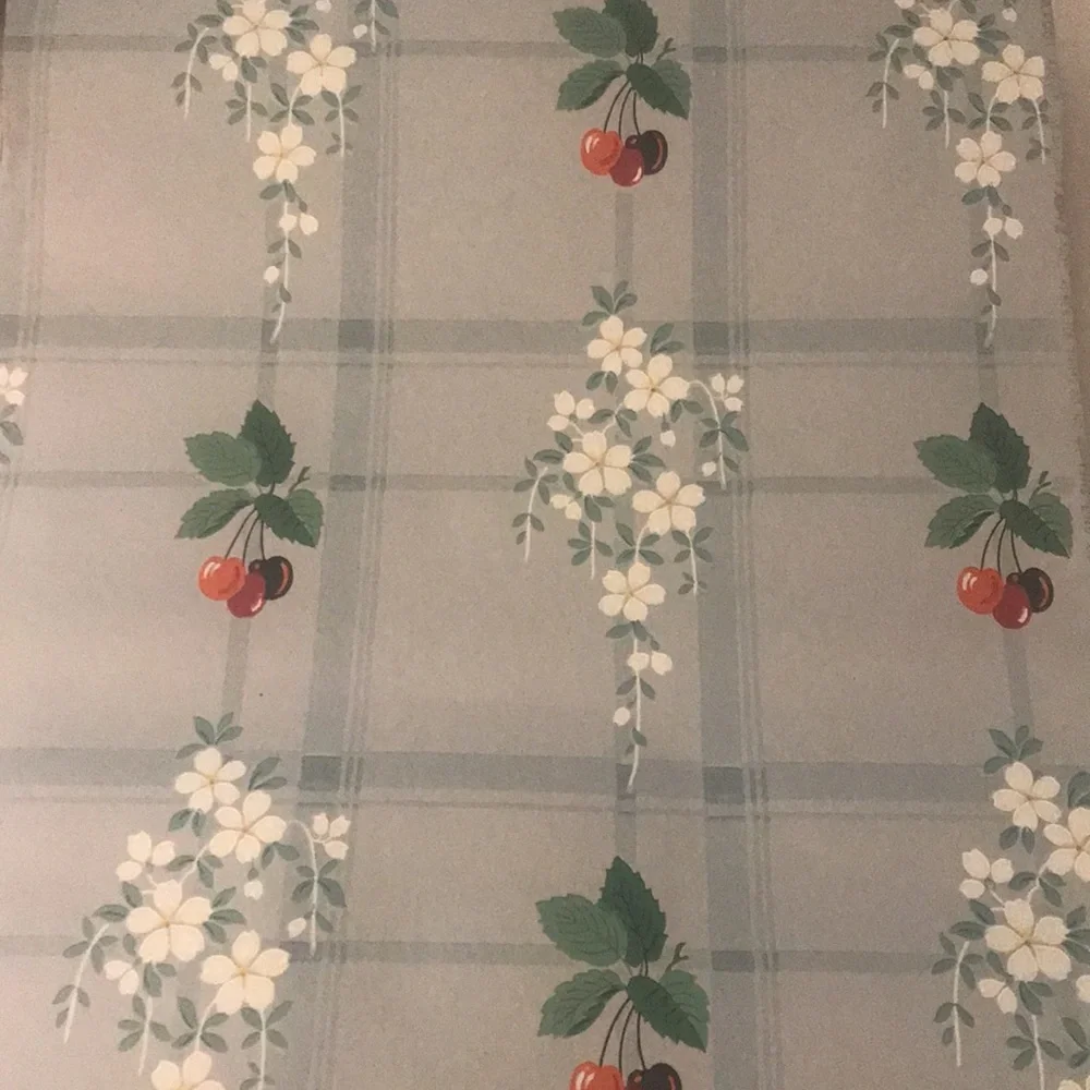 Vintage Trimz Wallpaper Blue Plaid with Cherries & White Flowers 2 Rolls
